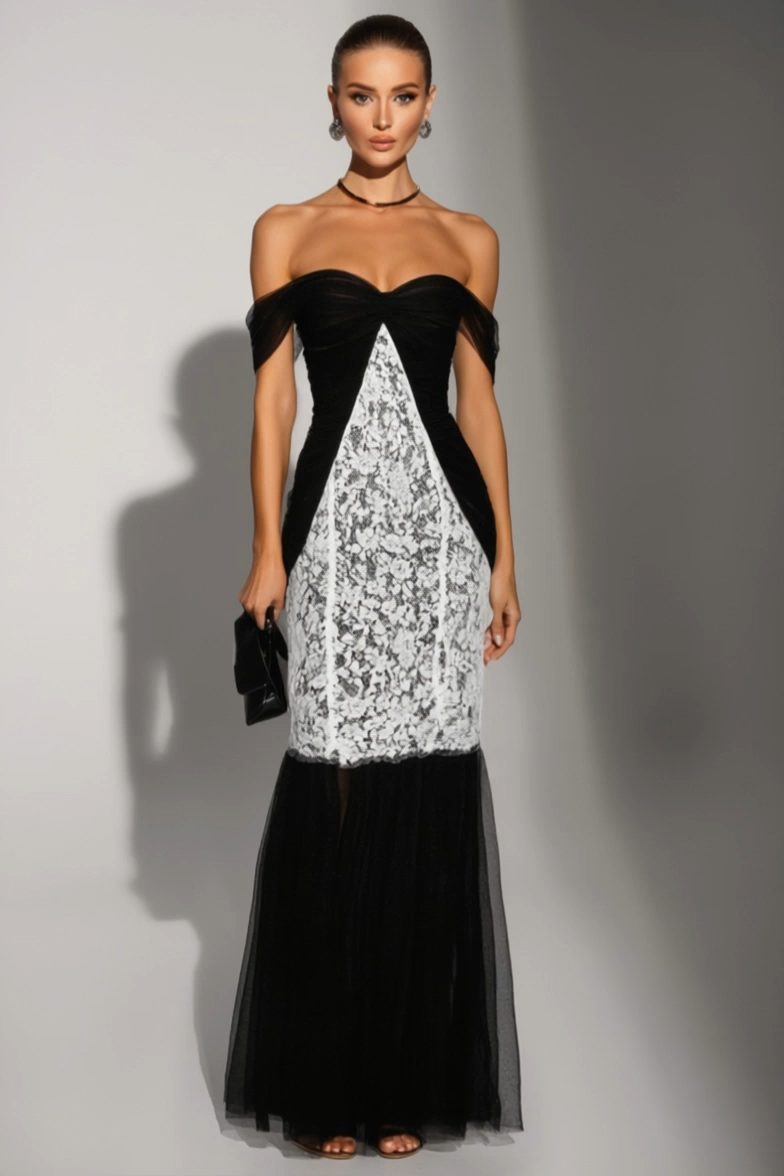 Formal Evening Dress Black White Off The Shoulder Lace Maxi Dress