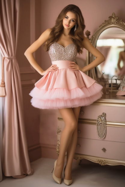 Homecoming Party Dress Pink Strapless Sequin Mini Tiered Dress
