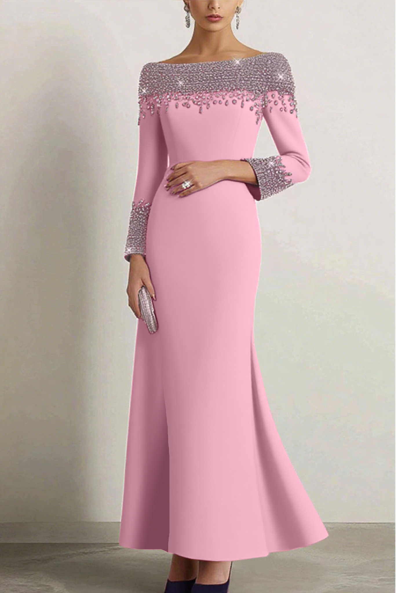 Elegant Dress Navy Boat Neck Rhinestone Maxi Dress Mother of the Bride Dress