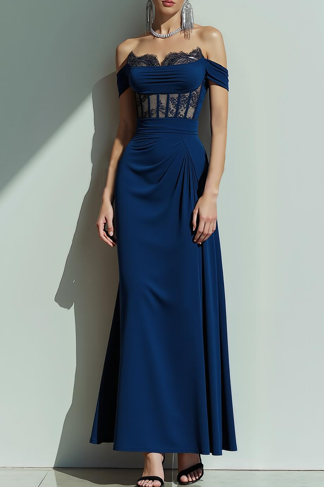 Formal Dress Sheath Navy Off the Shoulder Corset Maxi Dress 