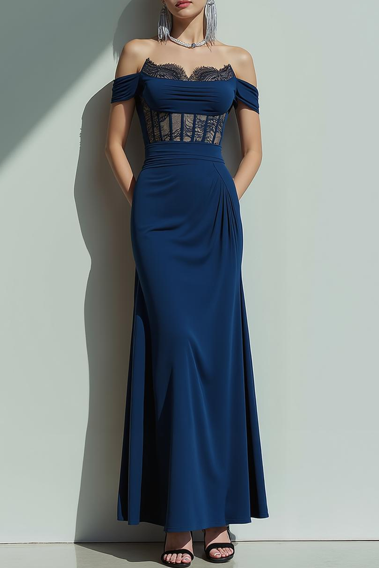 Formal Dress Sheath Navy Off the Shoulder Corset Maxi Dress 