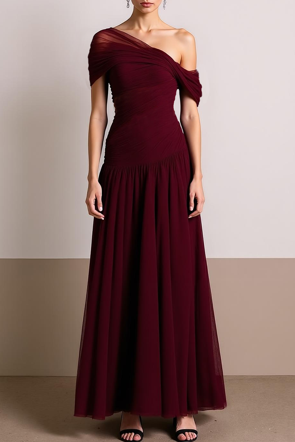 Formal Dress Pleated Dress Cabernet Off the Shoulder Maxi Dress