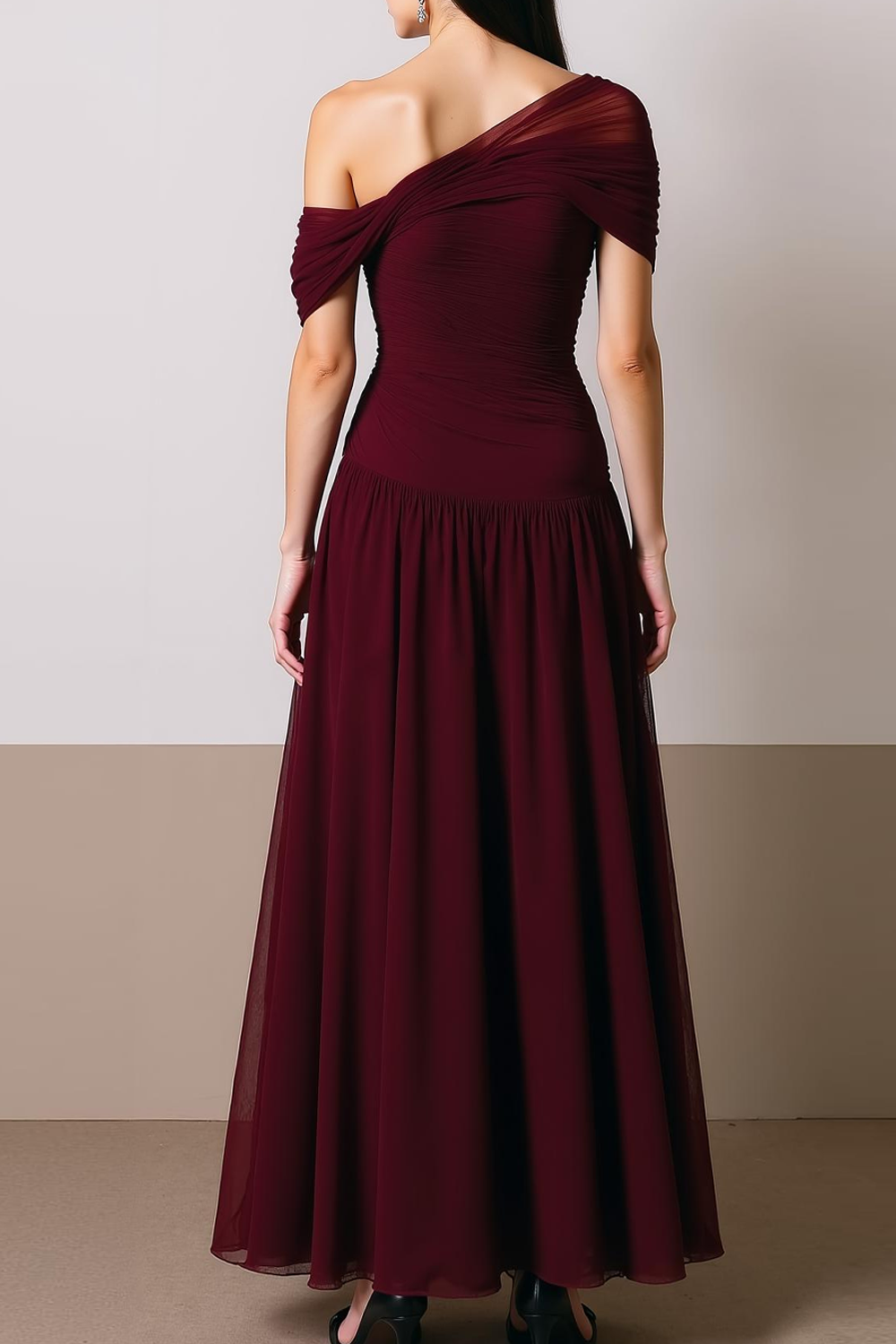 Formal Dress Pleated Dress Cabernet Off the Shoulder Maxi Dress