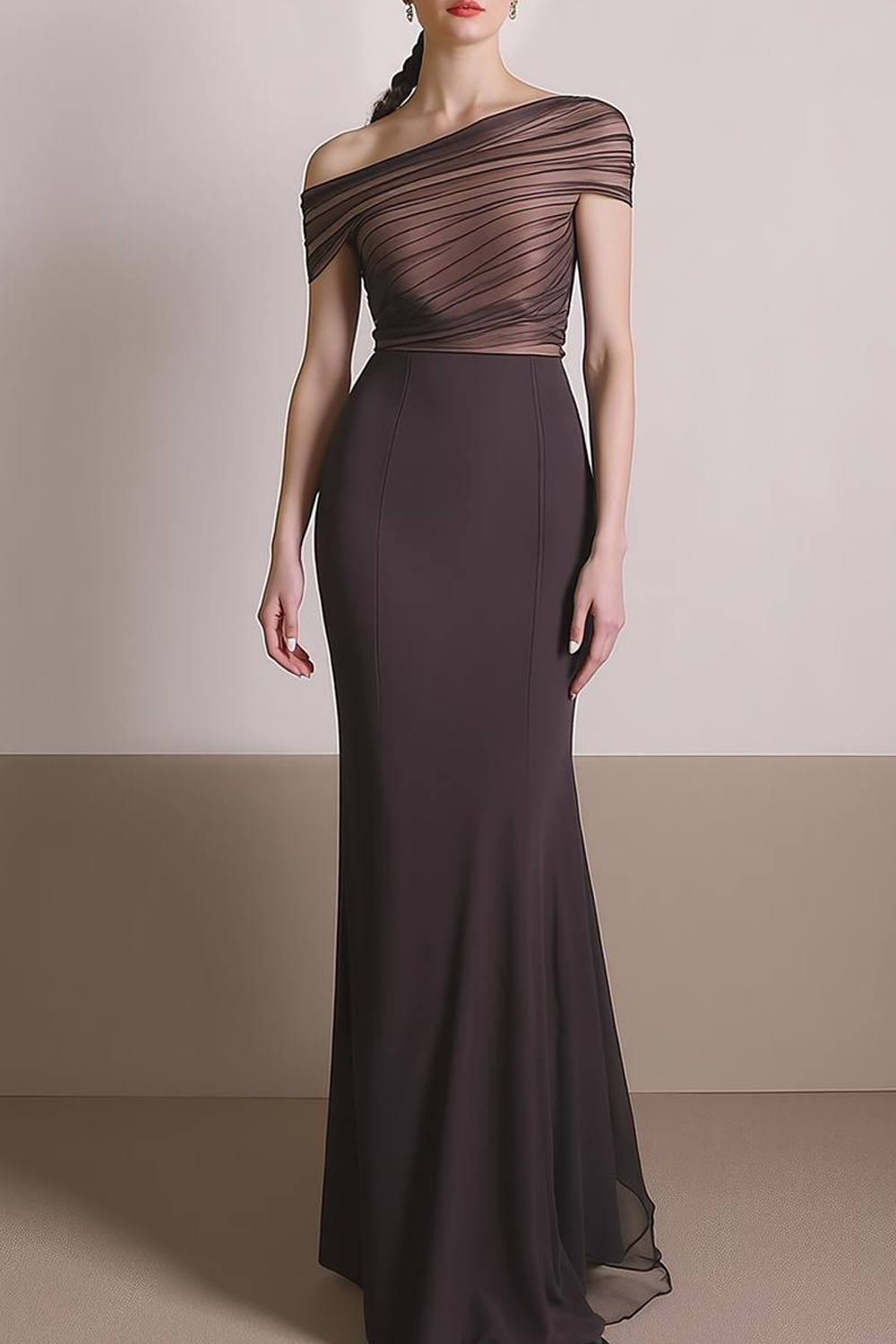 Formal Dress Sheath Brown One Shoulder Maxi Dress