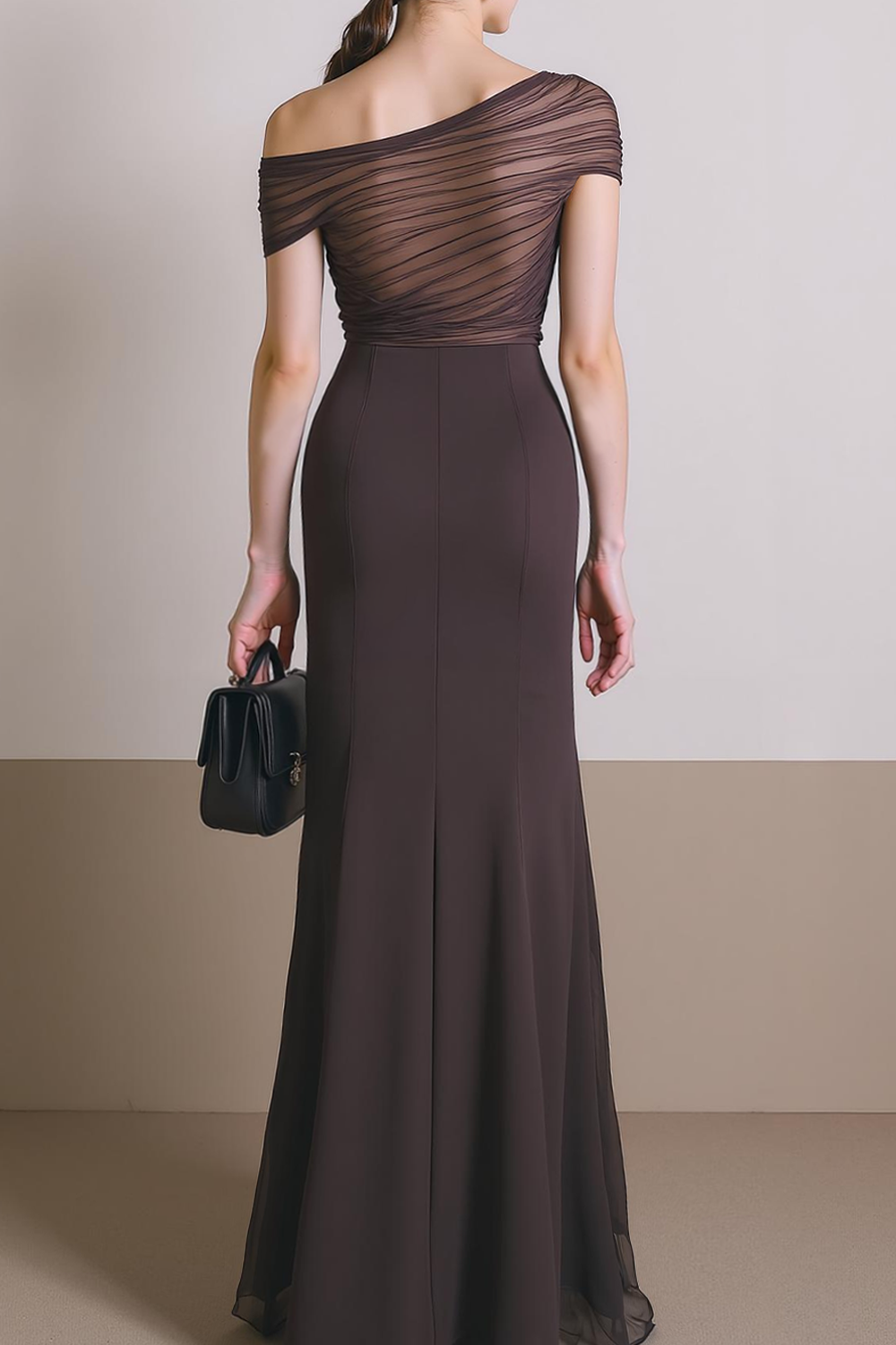 Formal Dress Sheath Brown One Shoulder Maxi Dress