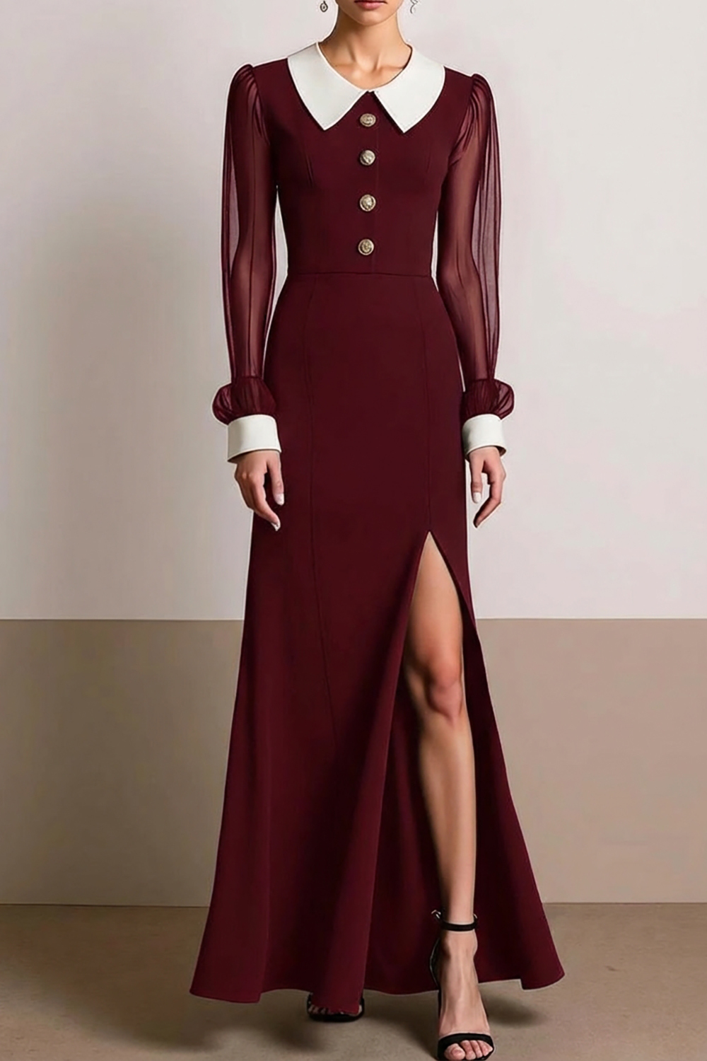 Formal Dress Black Crew Neck Long Sleeves Maxi Dress with Slit