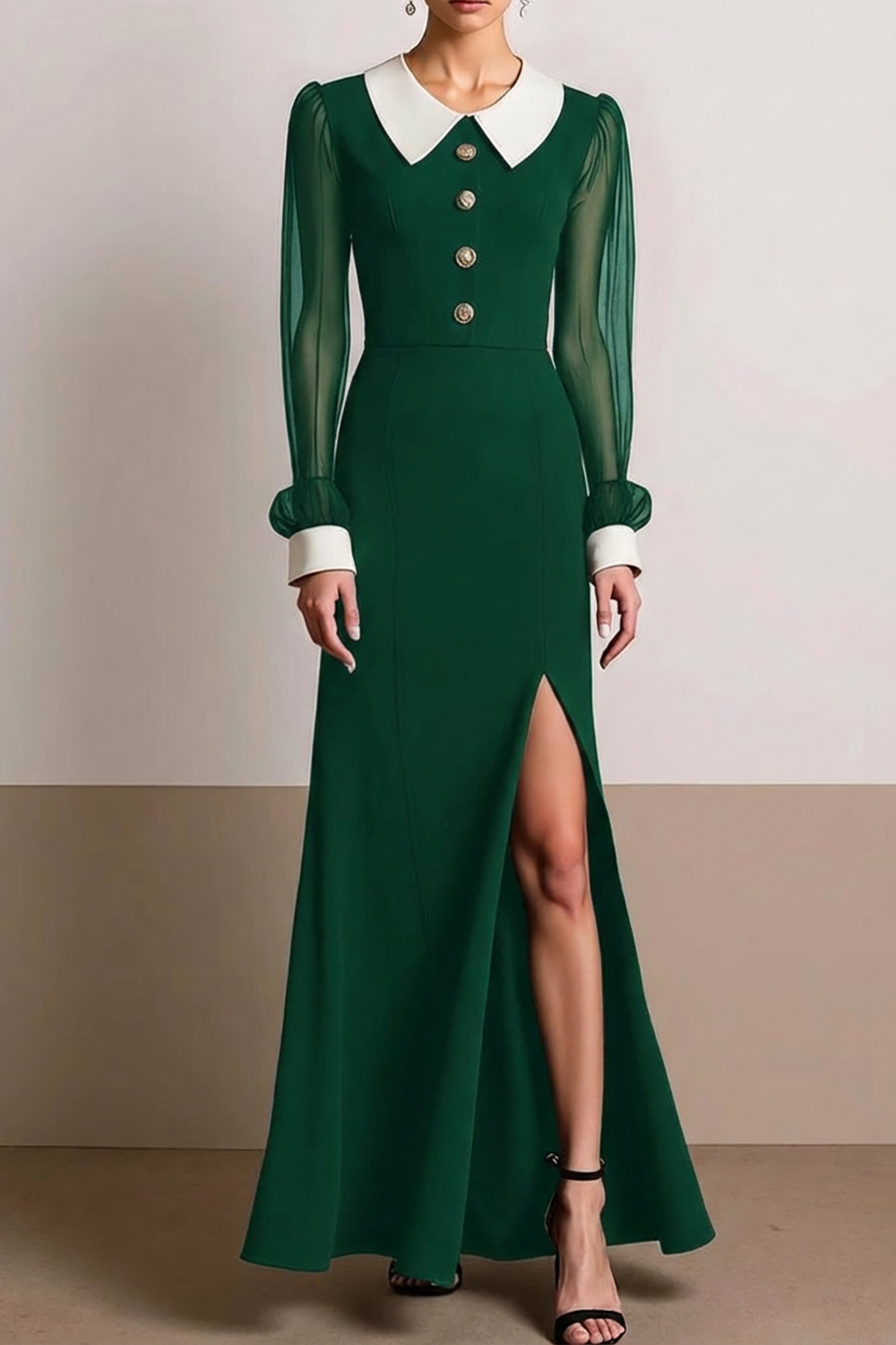 Formal Dress Black Crew Neck Long Sleeves Maxi Dress with Slit