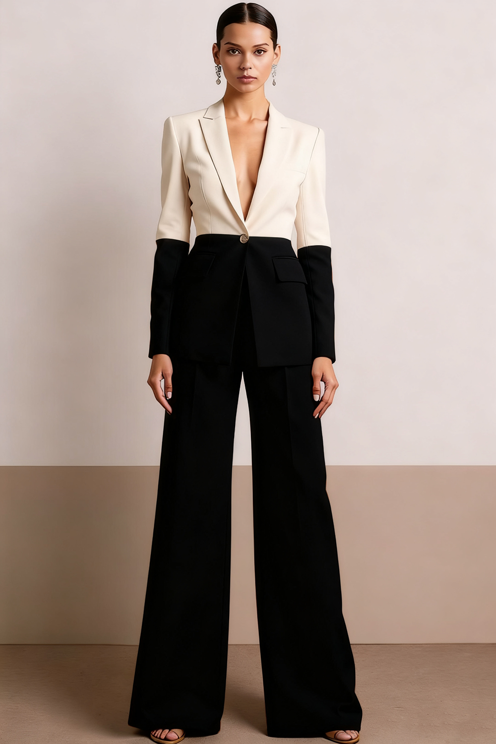 Work Formal Pants Suit White V-Neck Long Sleeves Pants Set