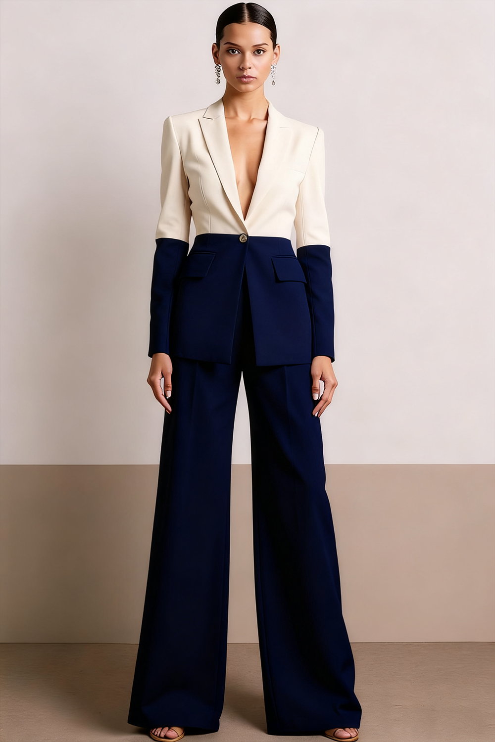 Work Formal Pants Suit White V-Neck Long Sleeves Pants Set