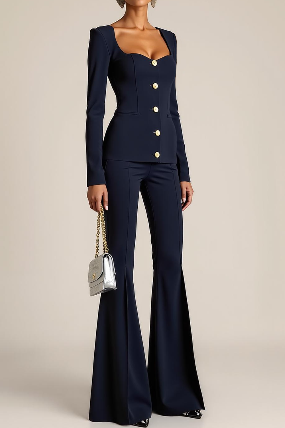 Work Outfit Sets Black Square Neck Long Sleeve Pants Set