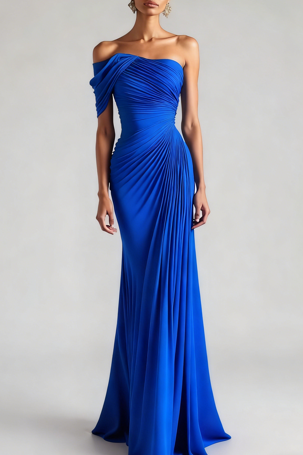 Evening Formal Dress Peacock Blue Sheath One Shoulder Maxi Dress