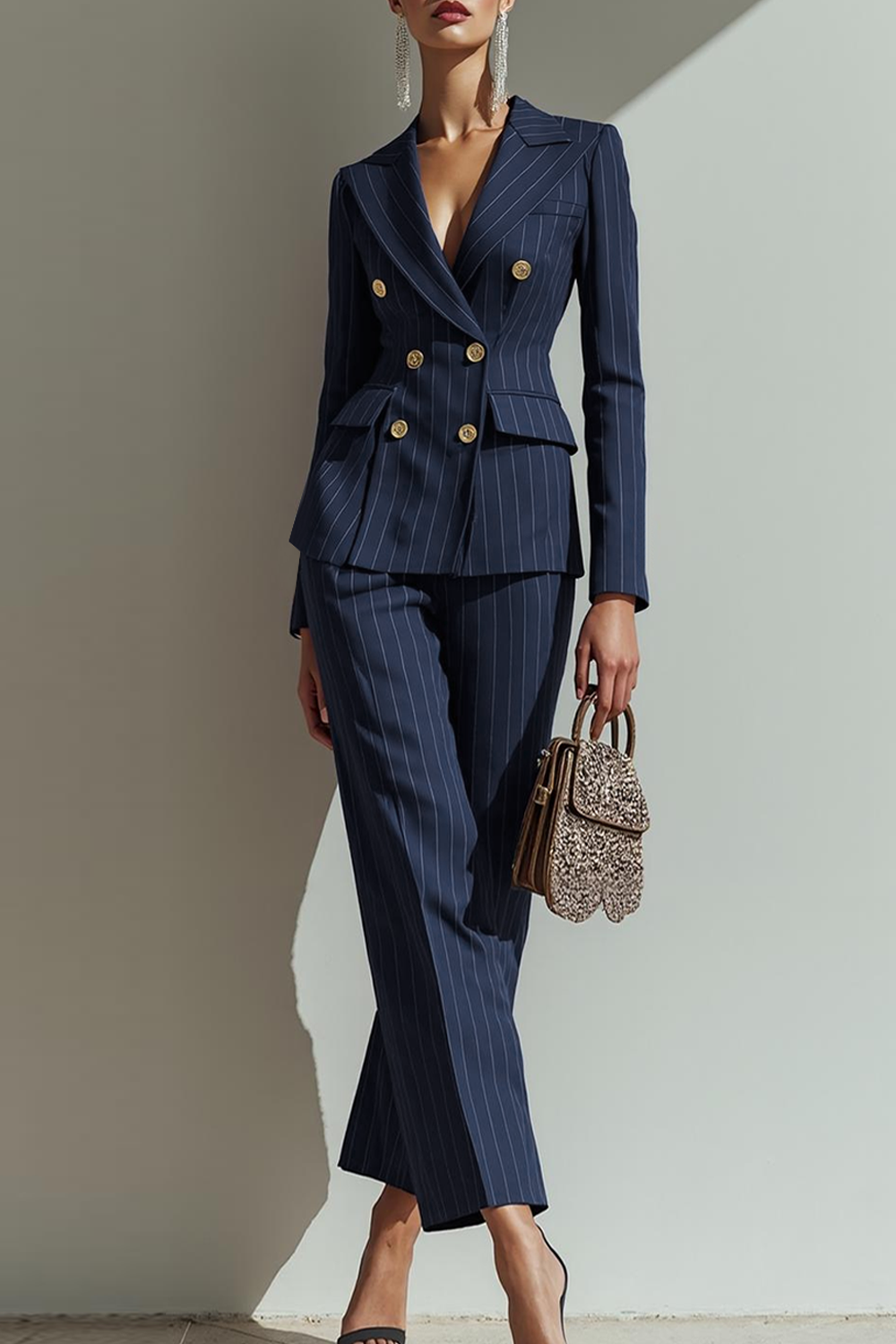 Work Outfit Sets Navy V-Neck Long Sleeve Pants Set
