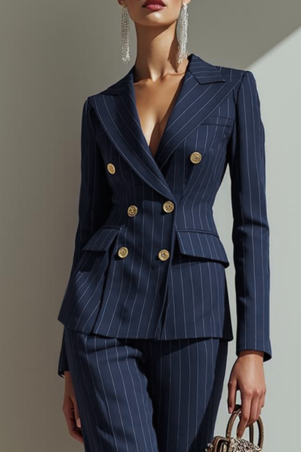 Work Outfit Sets Navy V-Neck Long Sleeve Pants Set