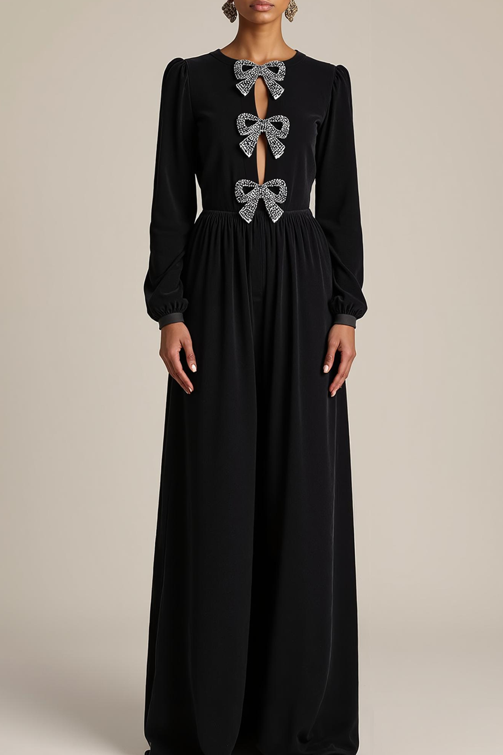 Black Formal Evening Dress A-Line Crew Neck Long Sleeves Bowknot Maxi Dress