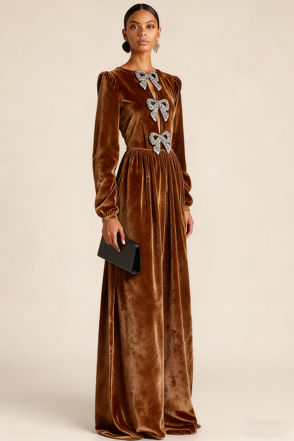 Black Formal Evening Dress A-Line Crew Neck Long Sleeves Bowknot Maxi Dress