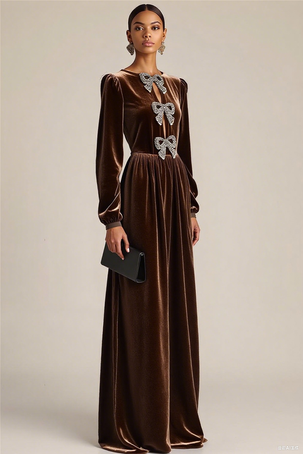 Black Formal Evening Dress A-Line Crew Neck Long Sleeves Bowknot Maxi Dress