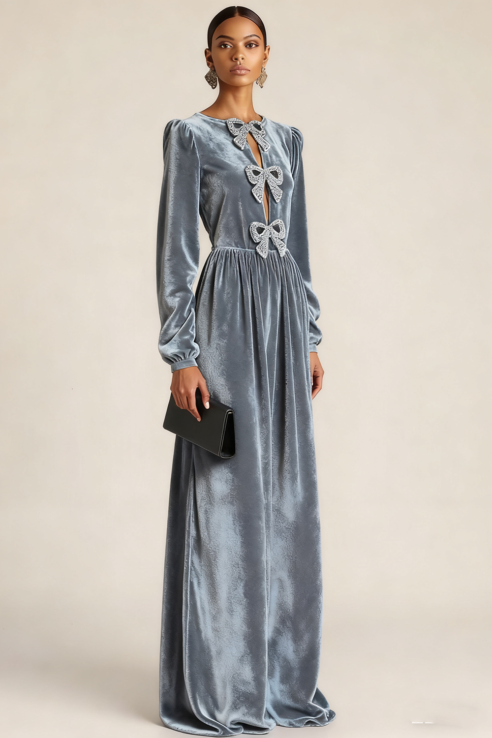 Black Formal Evening Dress A-Line Crew Neck Long Sleeves Bowknot Maxi Dress