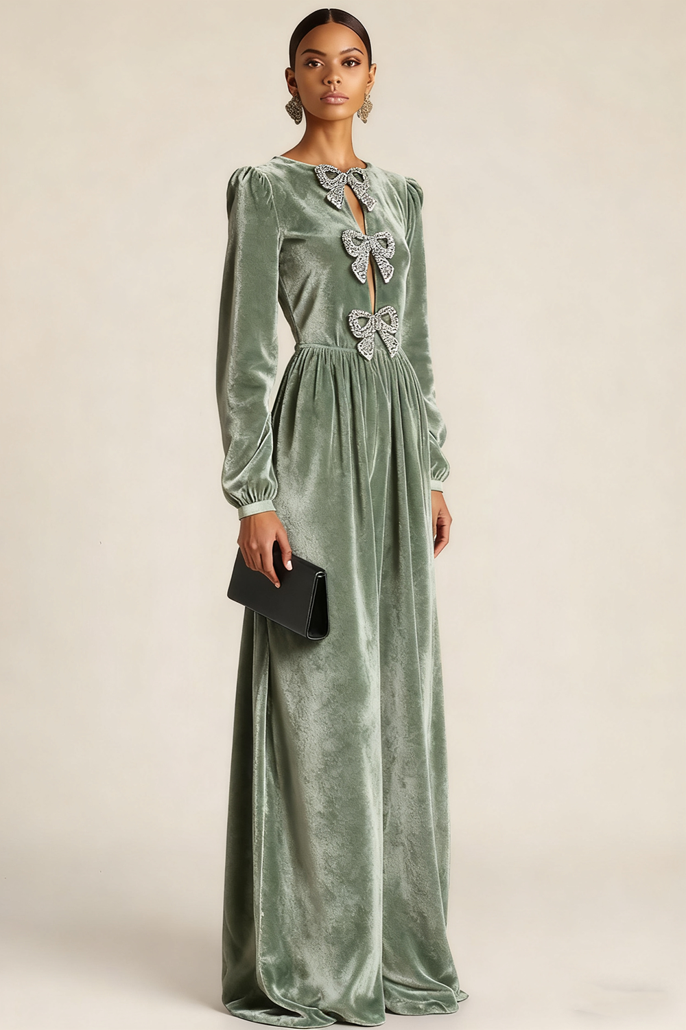 Black Formal Evening Dress A-Line Crew Neck Long Sleeves Bowknot Maxi Dress