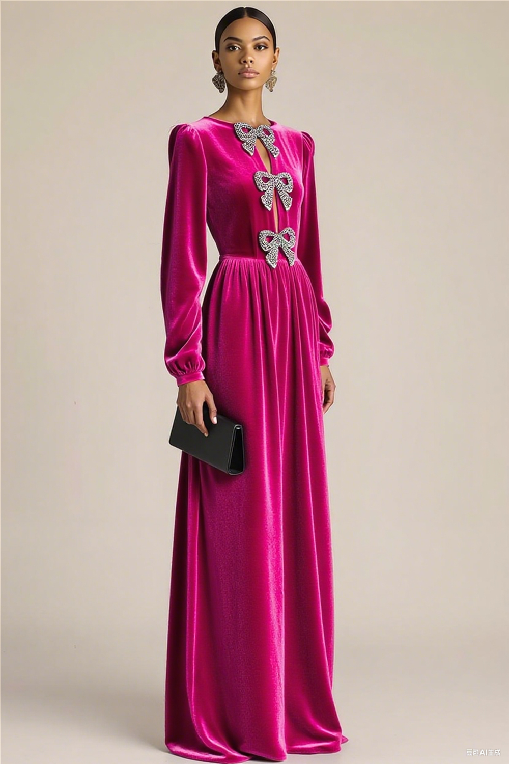 Black Formal Evening Dress A-Line Crew Neck Long Sleeves Bowknot Maxi Dress