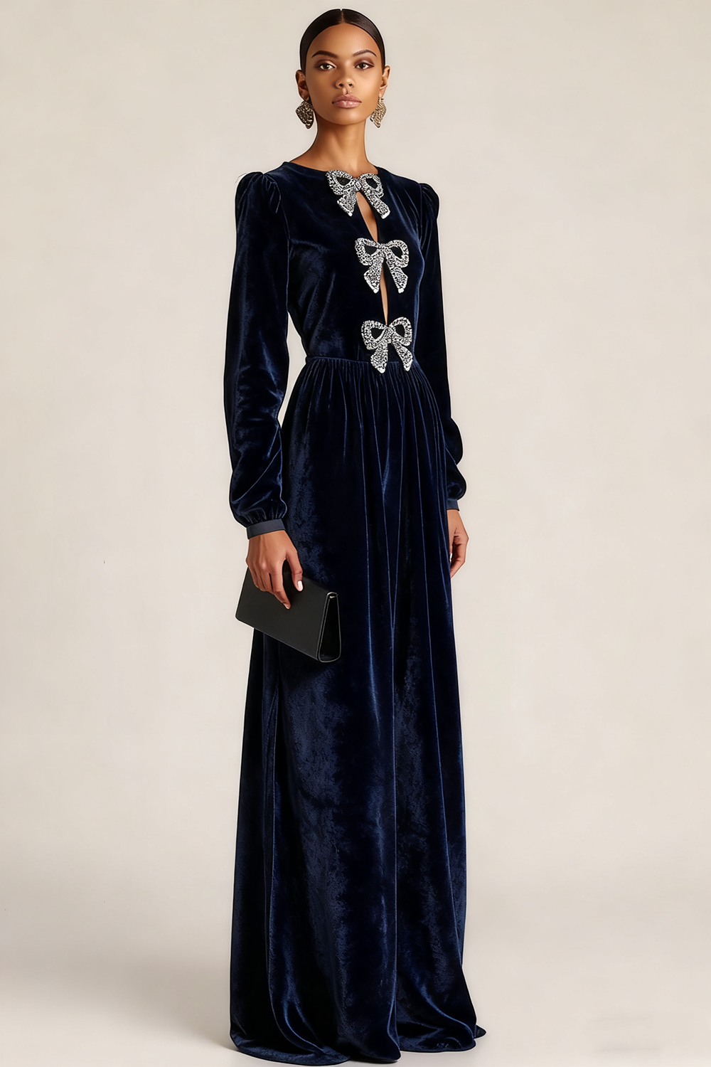 Black Formal Evening Dress A-Line Crew Neck Long Sleeves Bowknot Maxi Dress