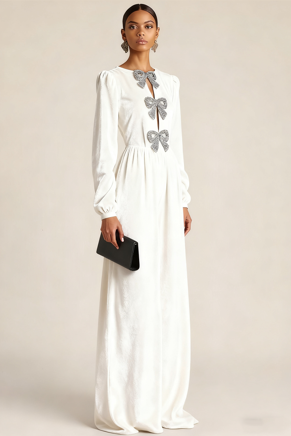 Black Formal Evening Dress A-Line Crew Neck Long Sleeves Bowknot Maxi Dress