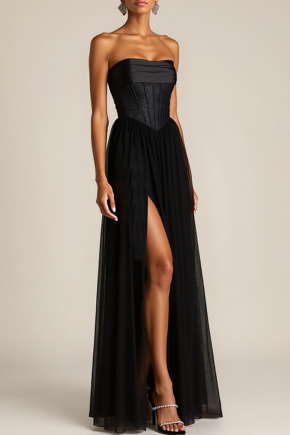 Evening Formal Dress Black Strapless Corset Slit Maxi Dress