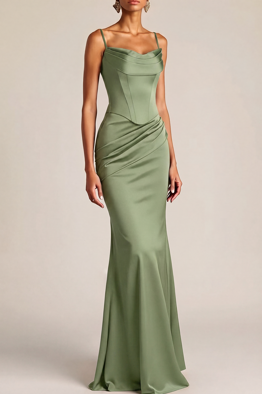 Formal Dress Brown Sheath Spaghetti Straps Satin Corset Maxi Dress