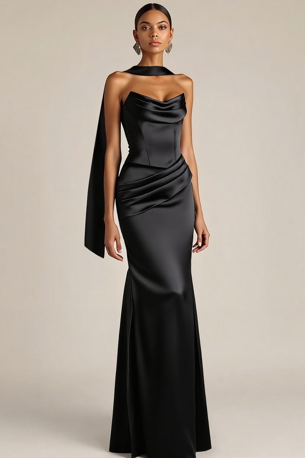 Evening Formal Dress Brown Strapless Satin Maxi Dress with Scarf