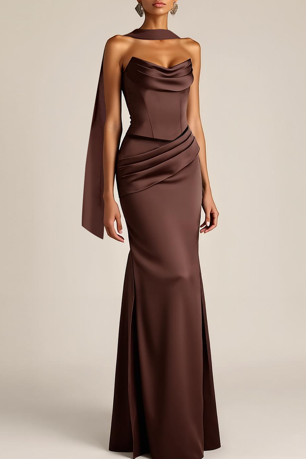 Evening Formal Dress Brown Strapless Satin Maxi Dress with Scarf