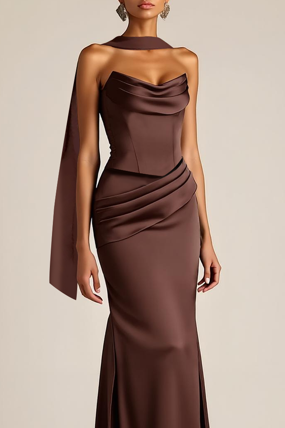 Evening Formal Dress Brown Strapless Satin Maxi Dress with Scarf