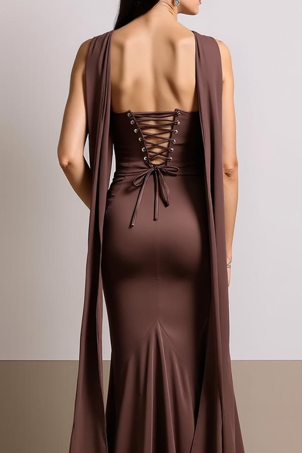 Evening Formal Dress Brown Strapless Satin Maxi Dress with Scarf