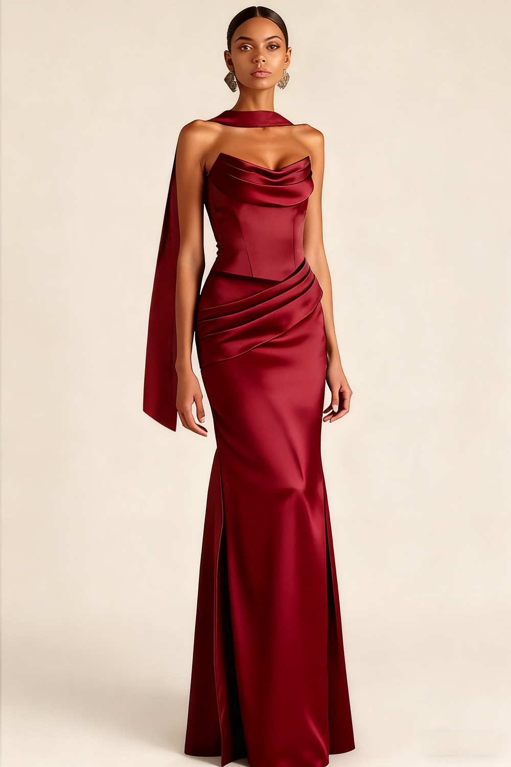 Evening Formal Dress Brown Strapless Satin Maxi Dress with Scarf