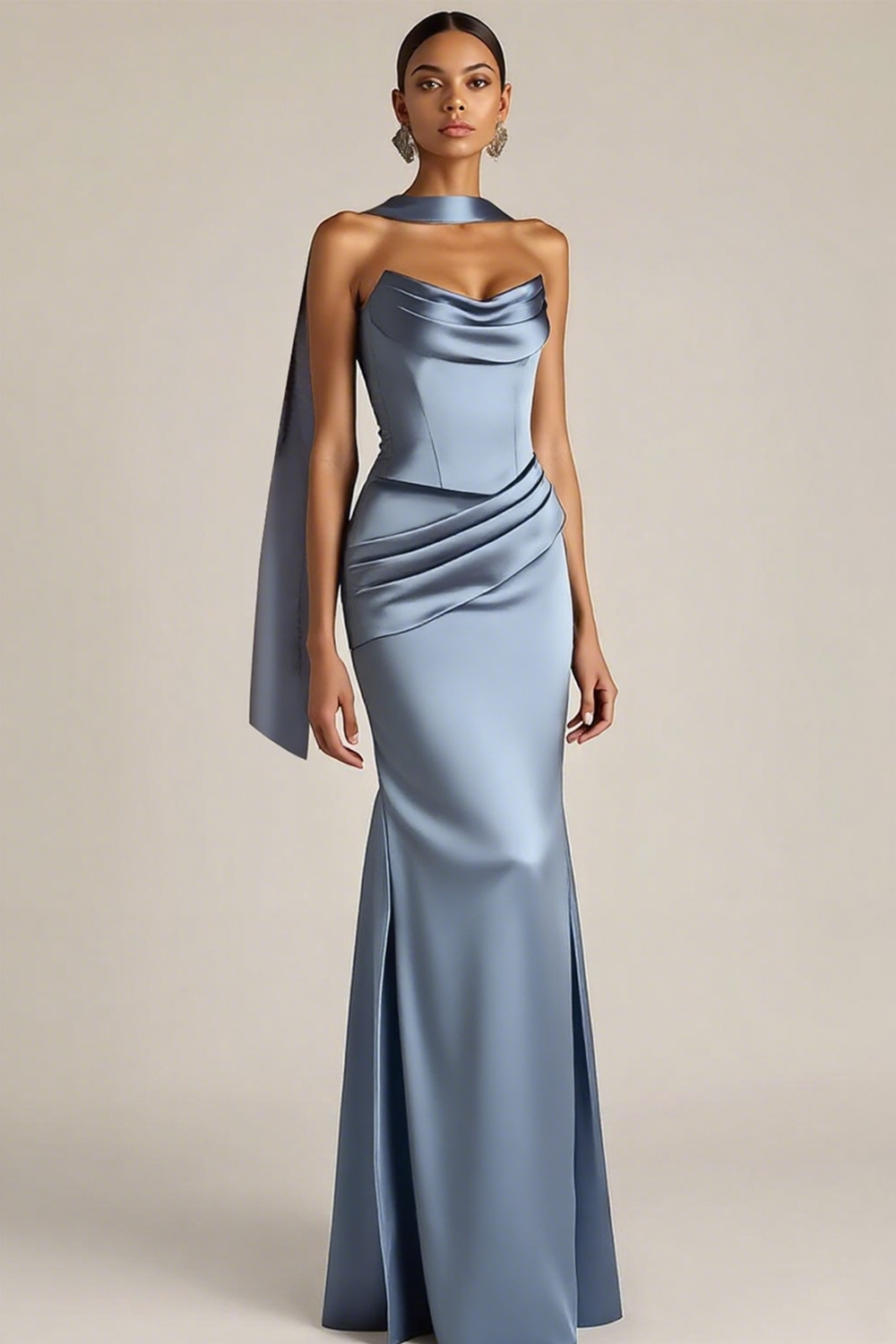 Evening Formal Dress Brown Strapless Satin Maxi Dress with Scarf