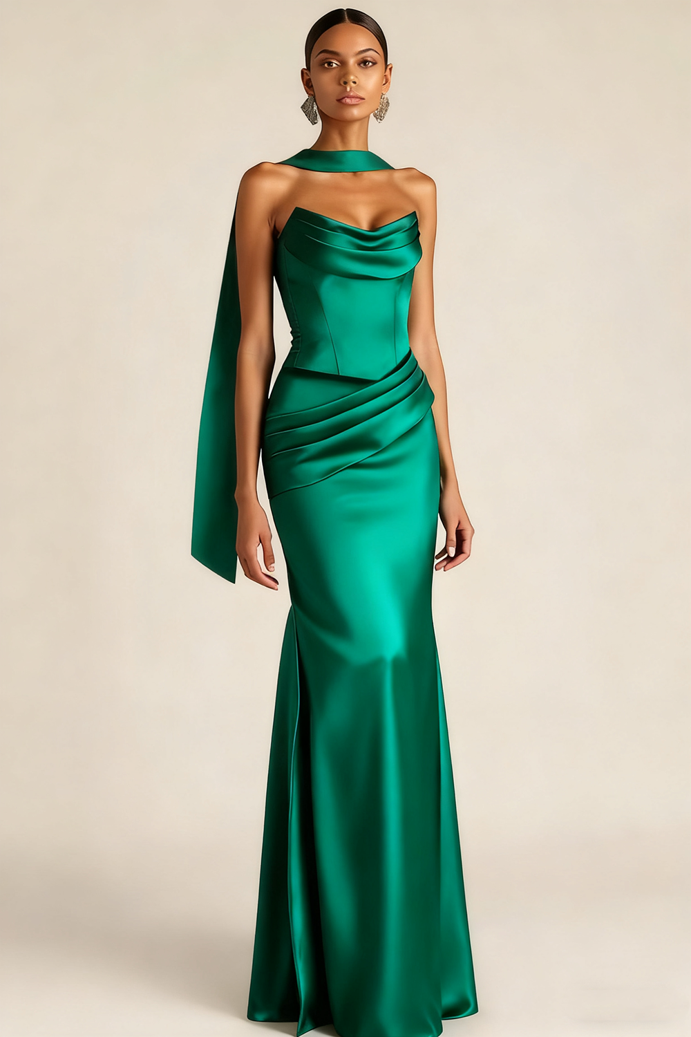 Evening Formal Dress Brown Strapless Satin Maxi Dress with Scarf