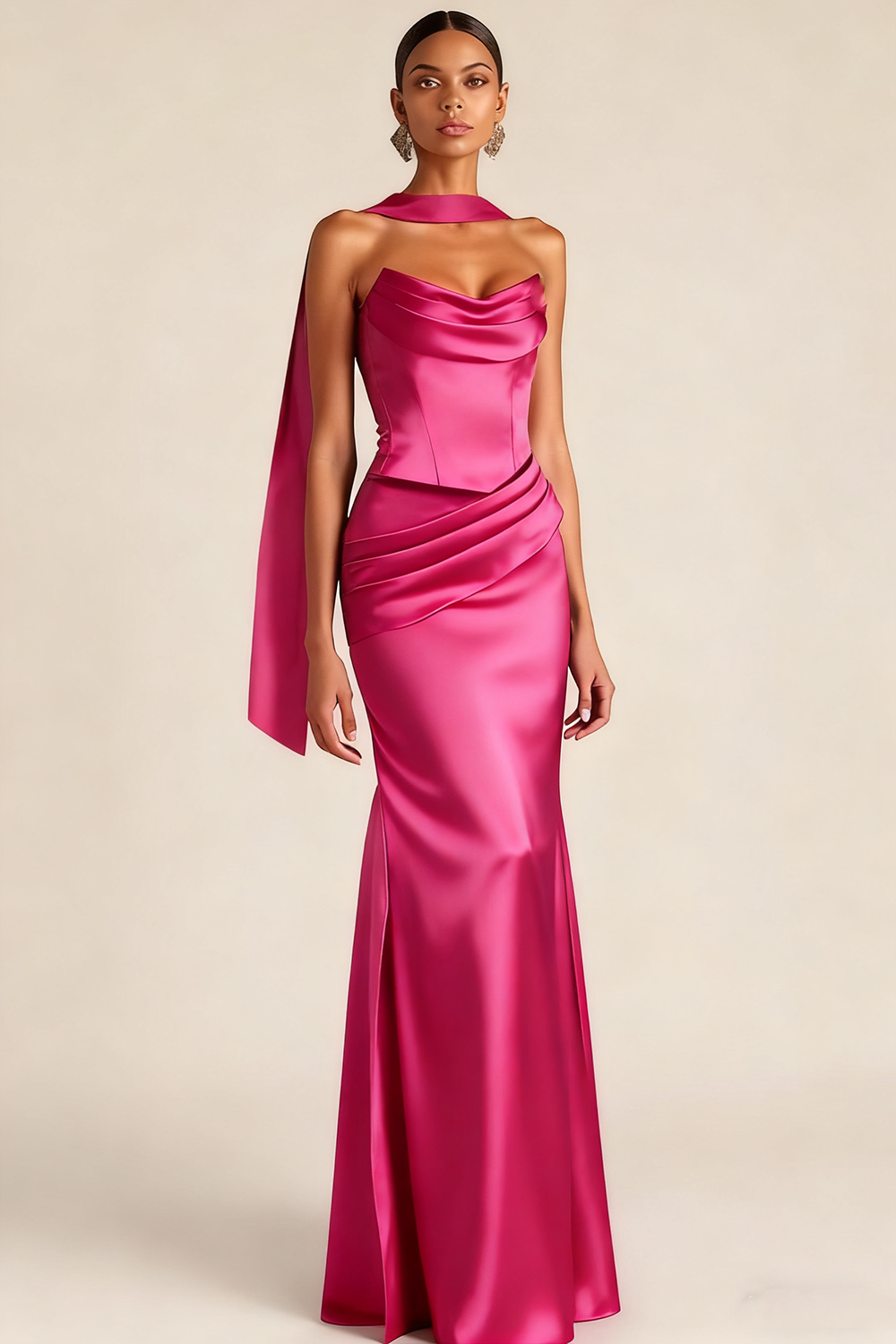 Evening Formal Dress Brown Strapless Satin Maxi Dress with Scarf