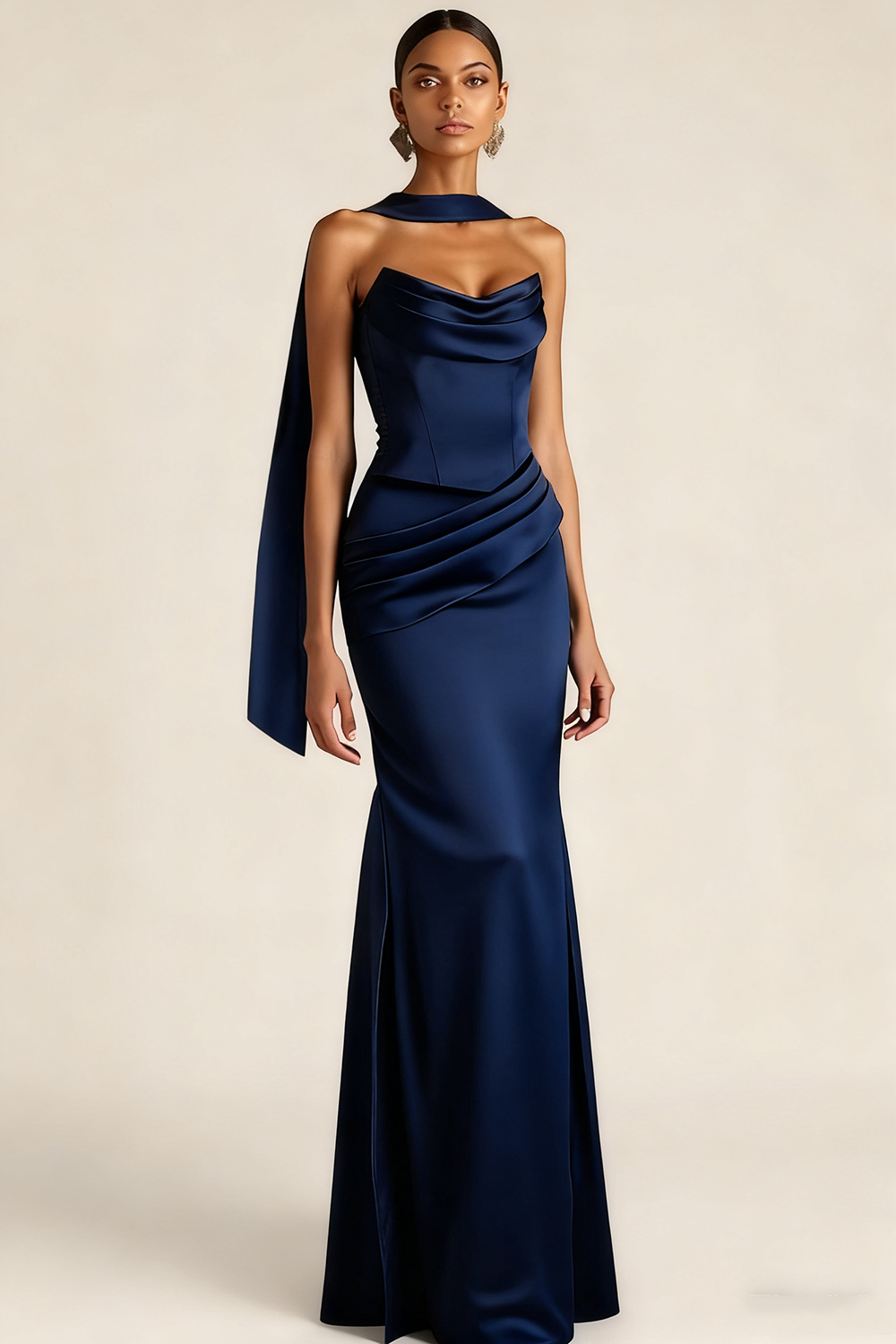 Evening Formal Dress Brown Strapless Satin Maxi Dress with Scarf