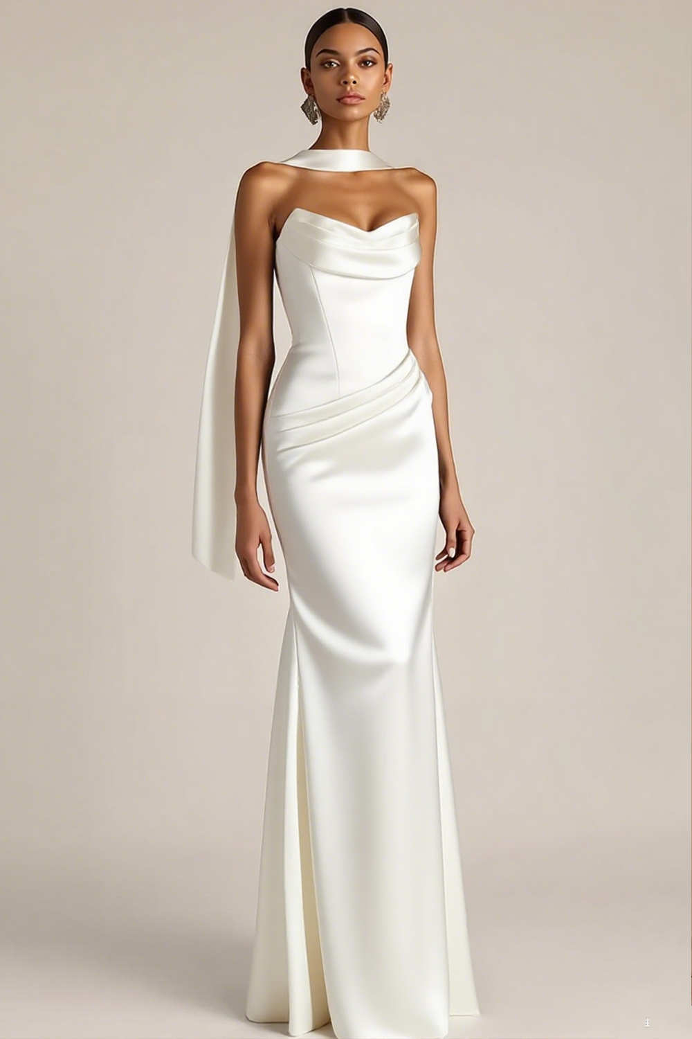 Evening Formal Dress Brown Strapless Satin Maxi Dress with Scarf