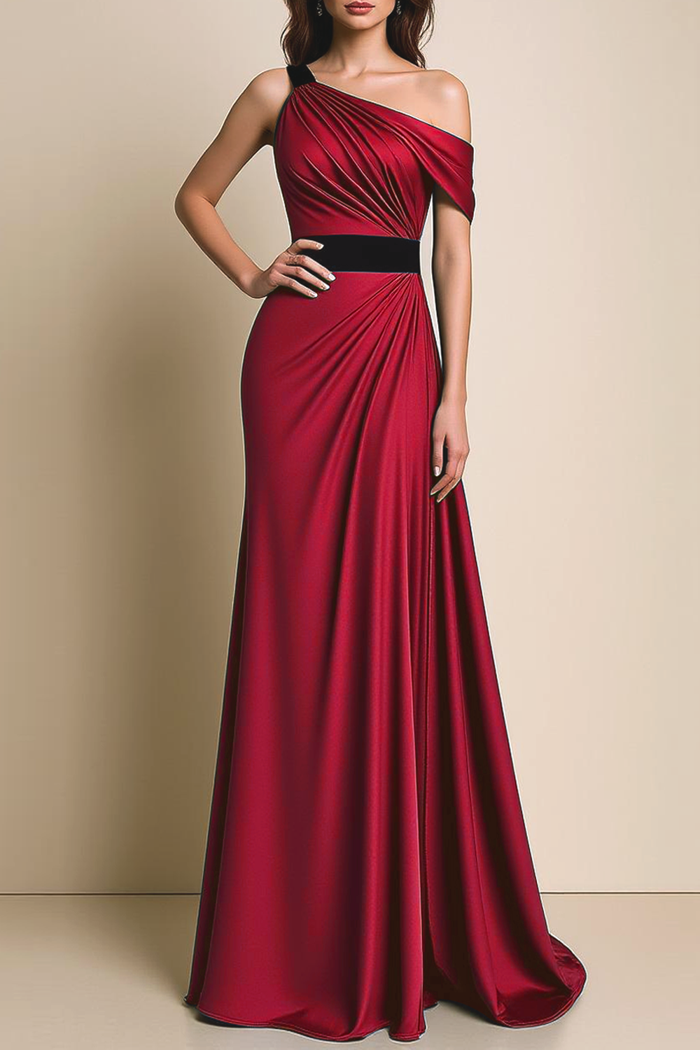Formal Dress Navy One Shoulder Ruched Satin Maxi Dress