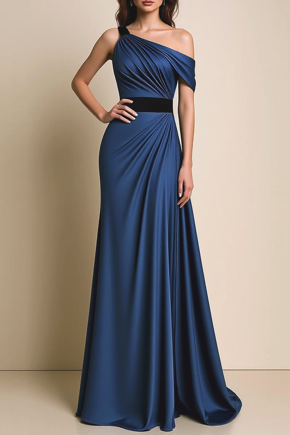 Formal Dress Navy One Shoulder Ruched Satin Maxi Dress