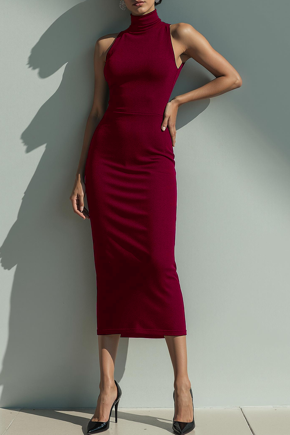 Formal Dress Black Halter Bodycon Sleeveless Midi Dress 