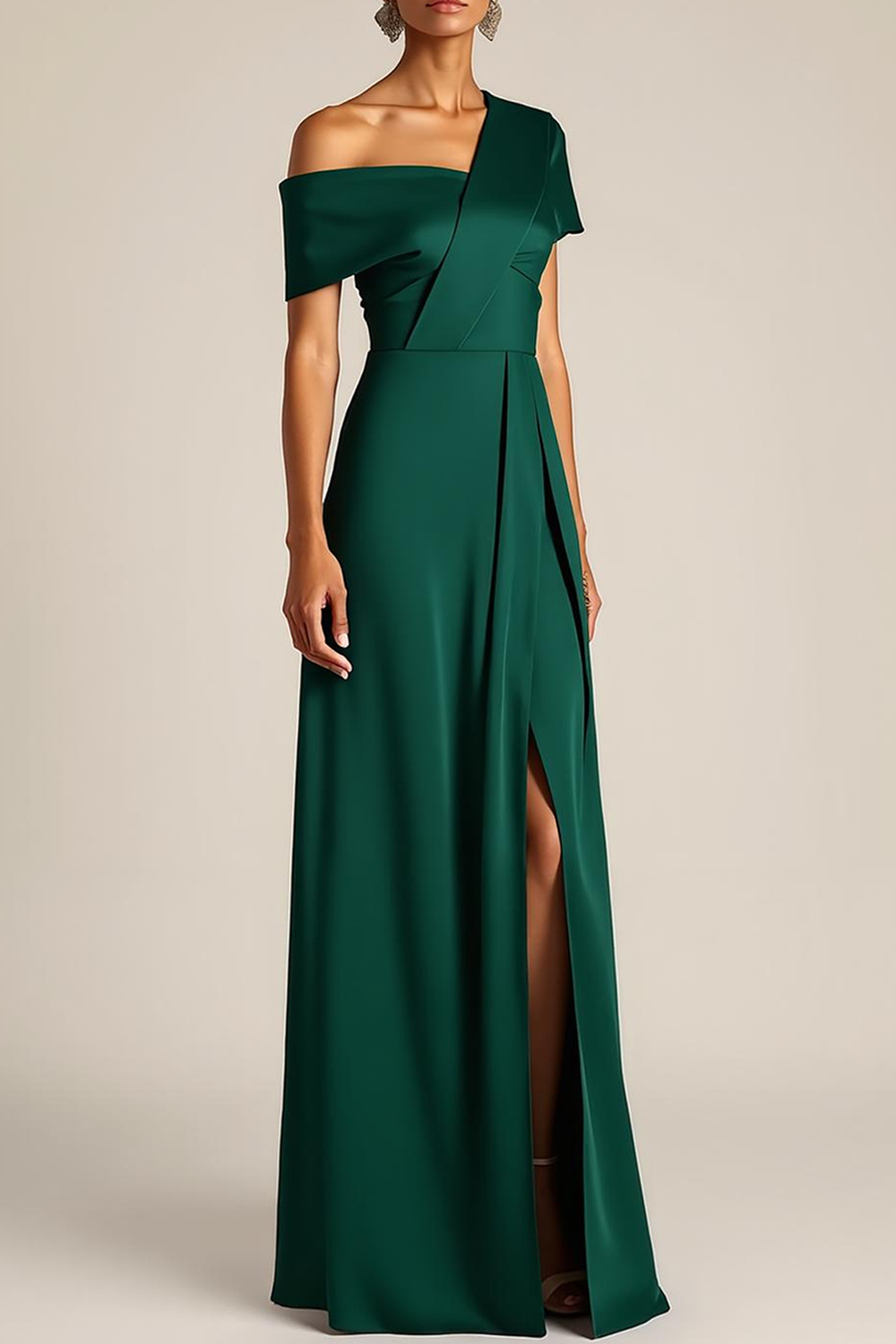 Formal Dress Dark Green One Shoulder Satin Slit Maxi Dress 