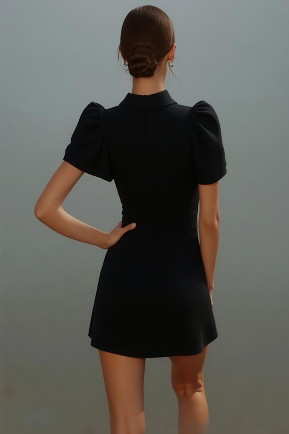 Black Formal Dress A-Line Lapel Puff Sleeve Mini Dress