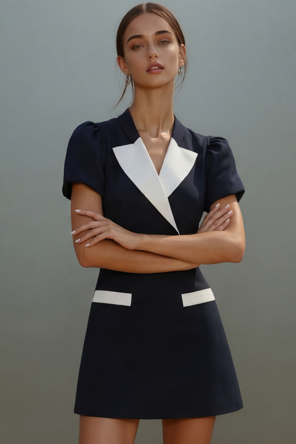 Black Formal Dress A-Line Lapel Puff Sleeve Mini Dress