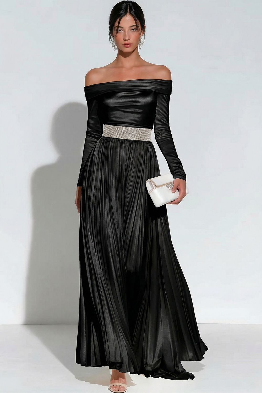 Evening Formal Dress White Off the Shoulder Pleated Satin Maxi Dress