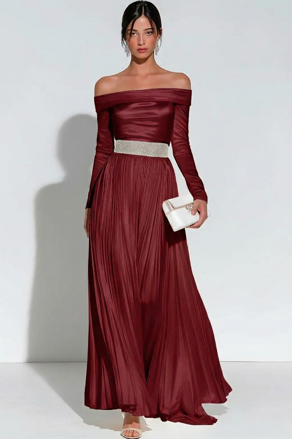 Evening Formal Dress White Off the Shoulder Pleated Satin Maxi Dress