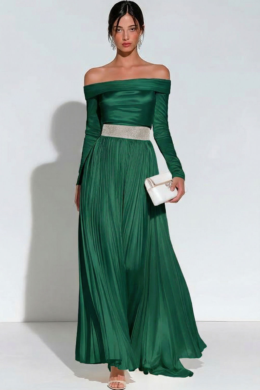 Evening Formal Dress White Off the Shoulder Pleated Satin Maxi Dress