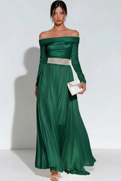 Evening Formal Dress White Off the Shoulder Pleated Satin Maxi Dress