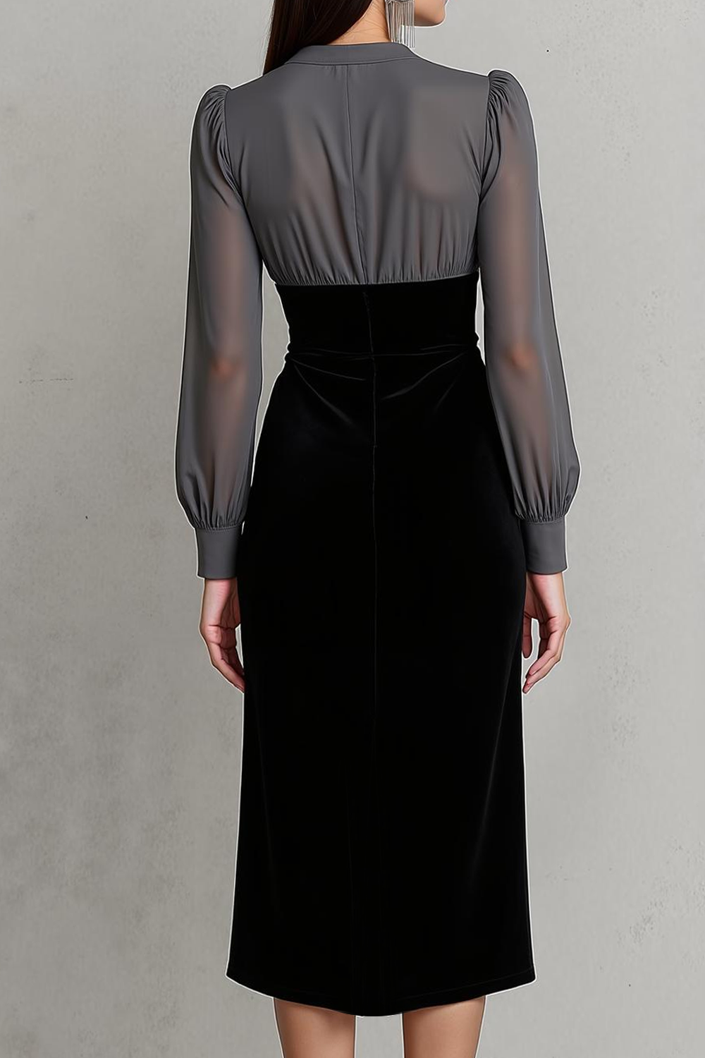 Formal Dress Grey V-Neck Long Sleeve Chiffon Midi Dress with Slit