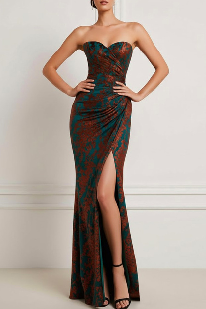 Dark Green Floral Formal Dress Mermaid Sweetheart Velvet Maxi Dress with Slit