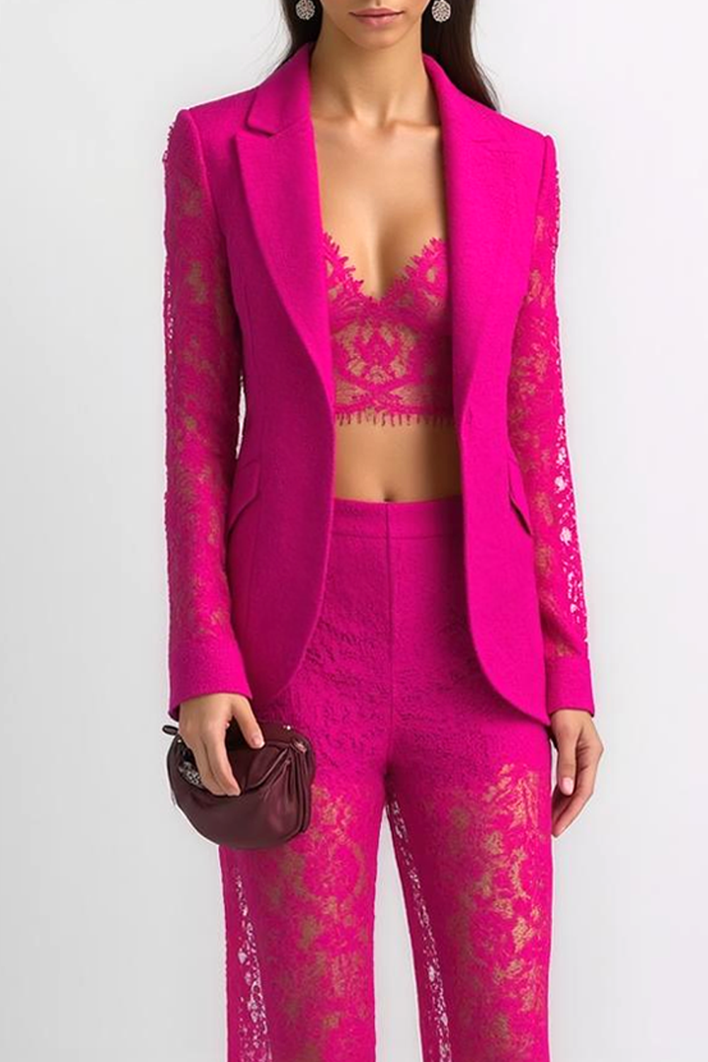 Party Outfit Sets Fuchsia Lapel Long Sleeve Lace Pants Set 